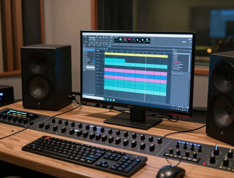 A producer mixing on a futuristic digital audio workstation with neon lights.