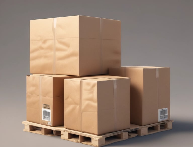 Warehouse workers organizing parcels with bright yellow and blue accents.