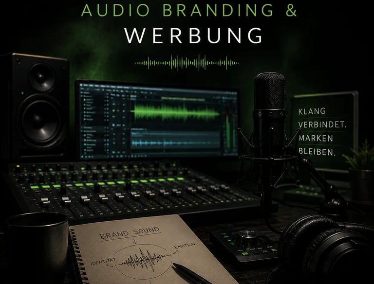 Professional recording studio for audio branding and advertising with microphone and sound board.