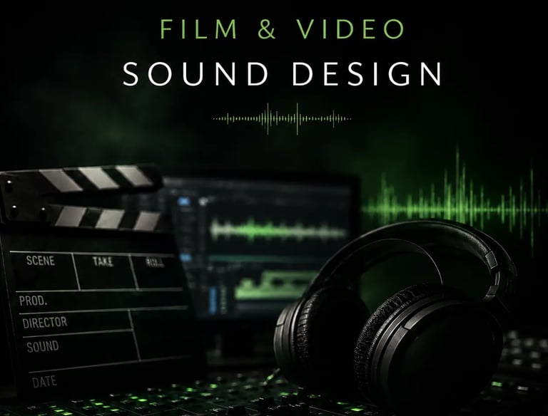 Professional film and video sound design workstation with studio headphones, clapperboard, and digital audio waveforms.