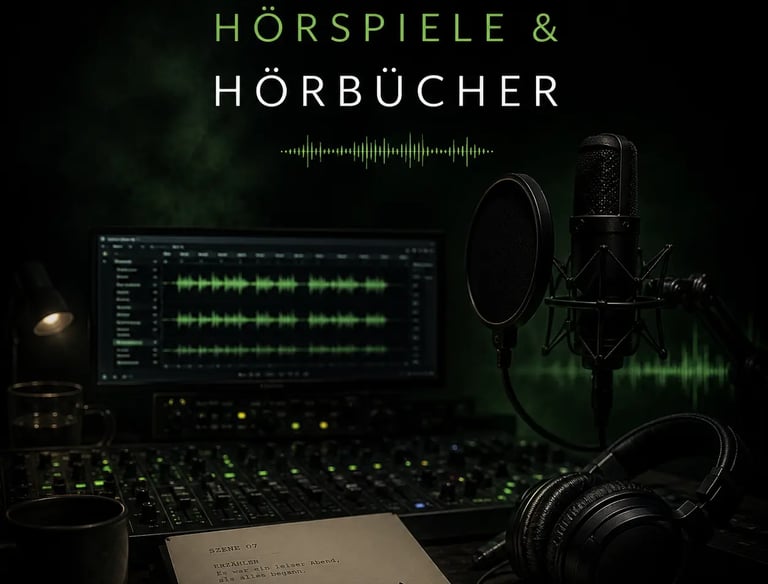 Professional recording studio setup for audio dramas and audiobooks with microphone, headphones, and sound waves.