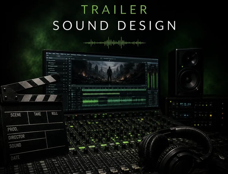 Professional trailer sound design studio with a digital audio workstation, mixing console, and film clapperboard.