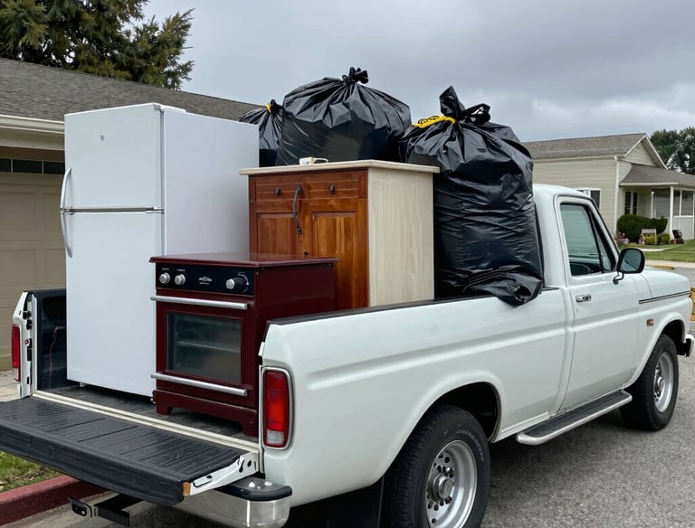 A large pile of junk being loaded into a truck for removal.