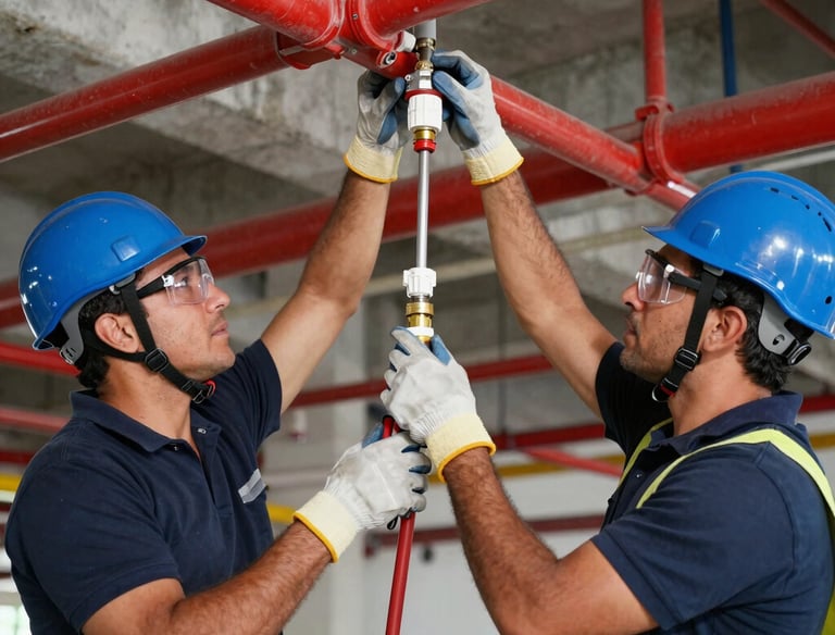 Technicians installing sprinkler systems in a commercial building.