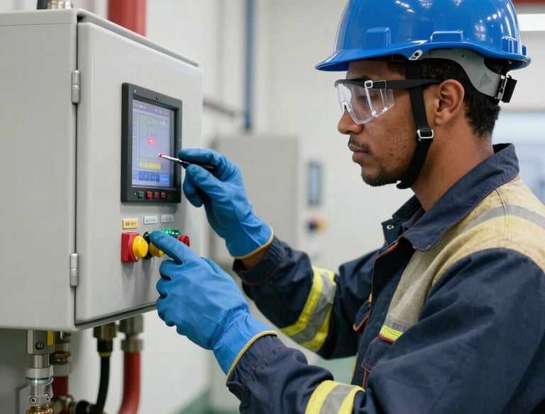 Close-up of fire alarm control panel with active monitoring lights.