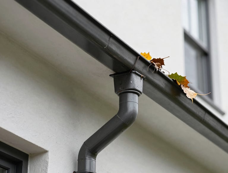 Close-up of a modern Bayside home's gutter being cleared of leaves and debris with a pressure cleaning hose.