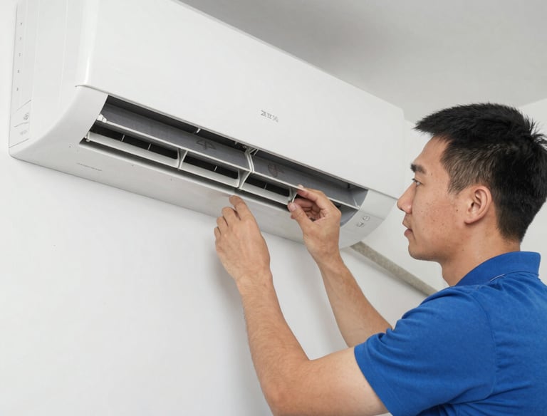 Technician fixing a split air conditioner unit in a cozy living room.