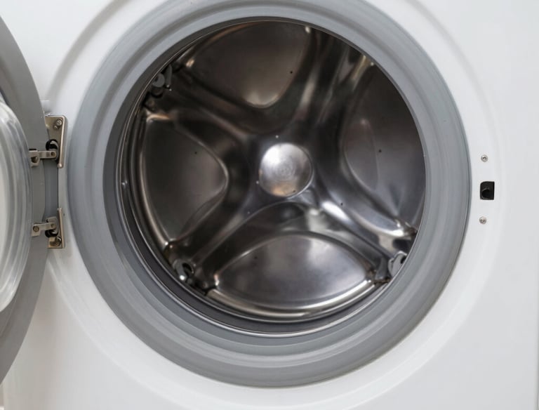 Close-up of a washing machine mid-cycle with technician tools nearby.