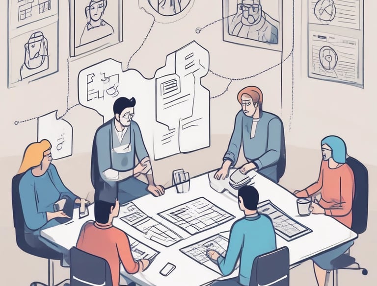 a man in a blue shirt is standing in front of a group of people