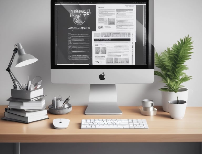 Modern Apple iMac workspace with a computer monitor, desk lamp, books, and a potted plant on a wooden desk.