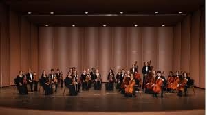 Orchestra of school children playing violins and other string instruments