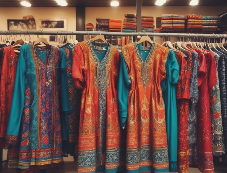 Traditional kurta pajamas and women's suits showcased on mannequins with vibrant fabrics.