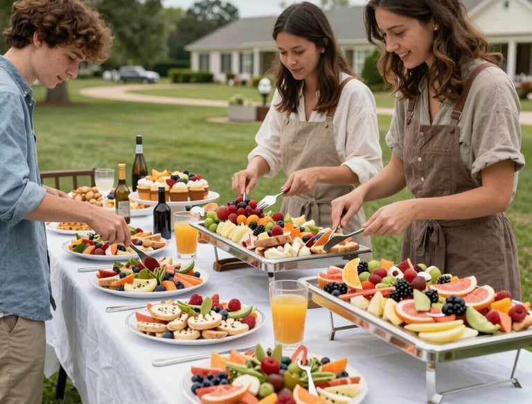 A sleek corporate event space featuring a signature breakfast bar with fresh pastries and southern-style offerings.