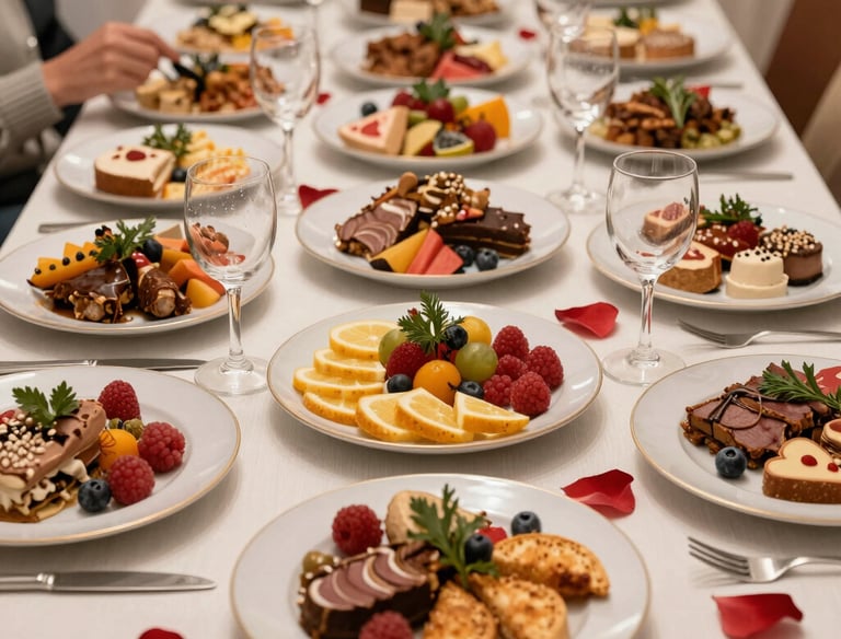 An intimate private gathering with artfully presented southern-inspired cuisine on cream and sage-green accented tables.