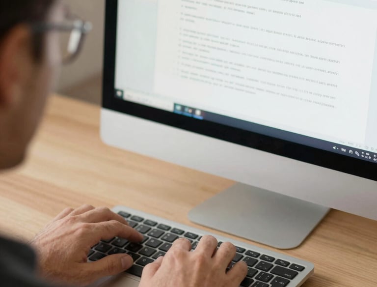 Close-up of hands typing on a laptop with multiple screens showing data analysis and case files.