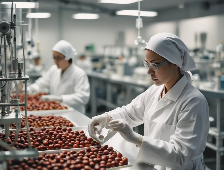 A skilled artisan wearing gloves carefully processing jujubier fruits in a clean laboratory setting.