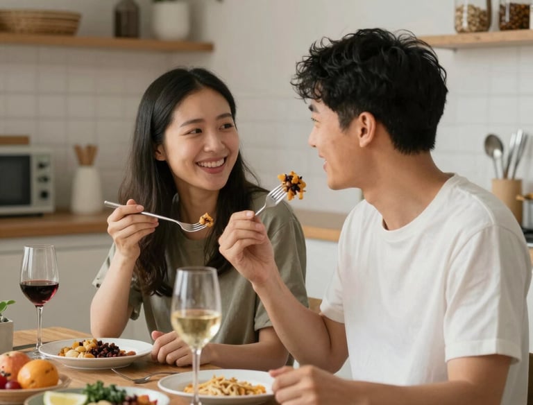 Two people in a warm, honest Zoom conversation, smiling and attentive.
