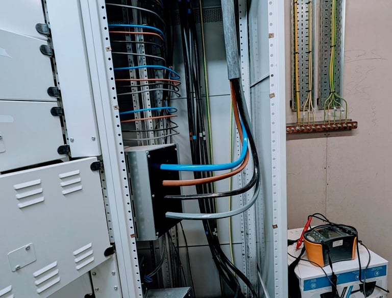 Professional electrical LV panel wiring with circuit testing equipment ready for testing