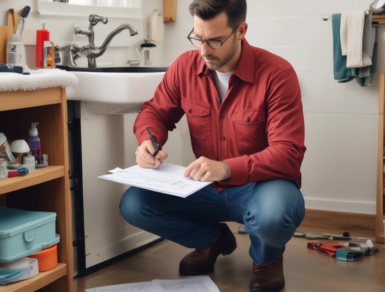 A friendly caregiver examining a senior's living room for hazards with a checklist in hand.
