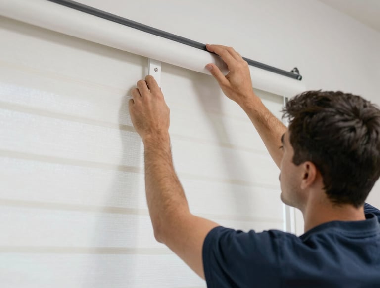 Professional installer fitting window shutters in a cozy home office.
