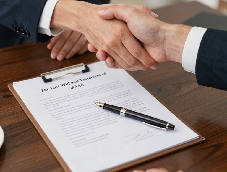 A client signing documents for will and trust services in a bright, welcoming room.