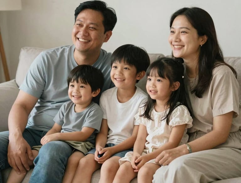 A caring agent discussing life insurance options with a young family in a cozy office.