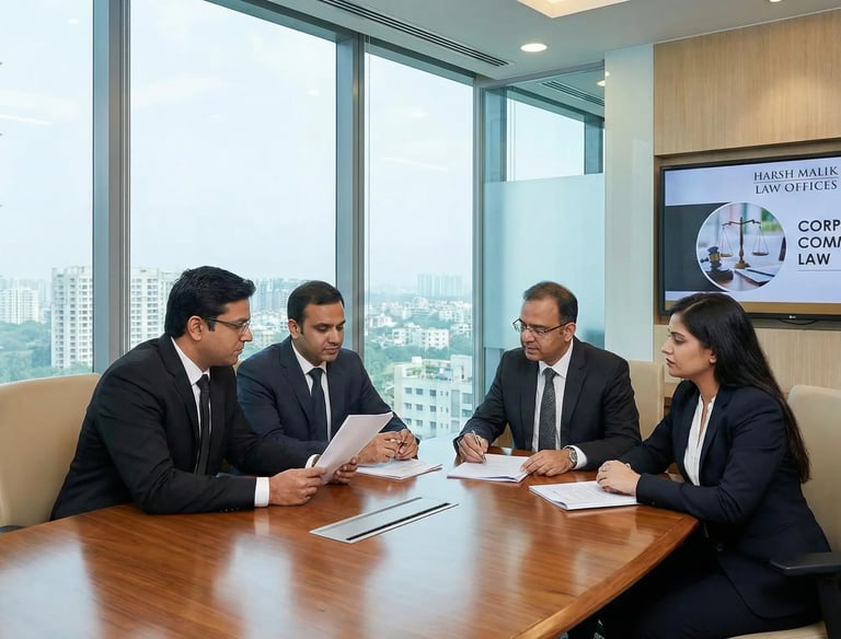 Corporate lawyers at Harsh Malik Law Offices in a strategic board meeting.