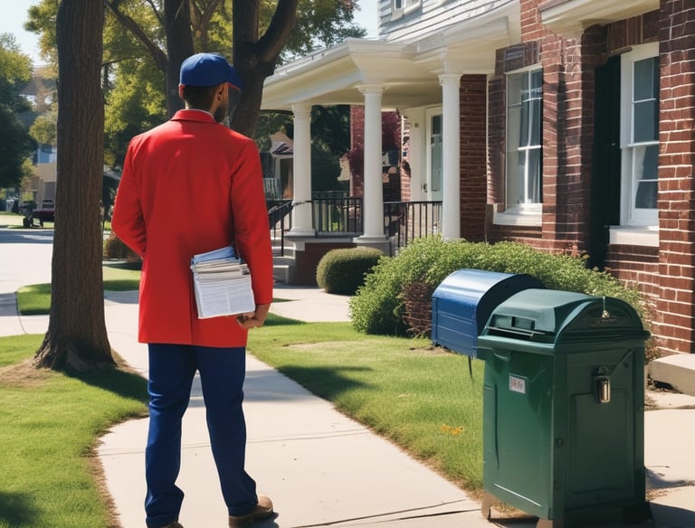 A delivery person handing out flyers in a residential neighborhood.