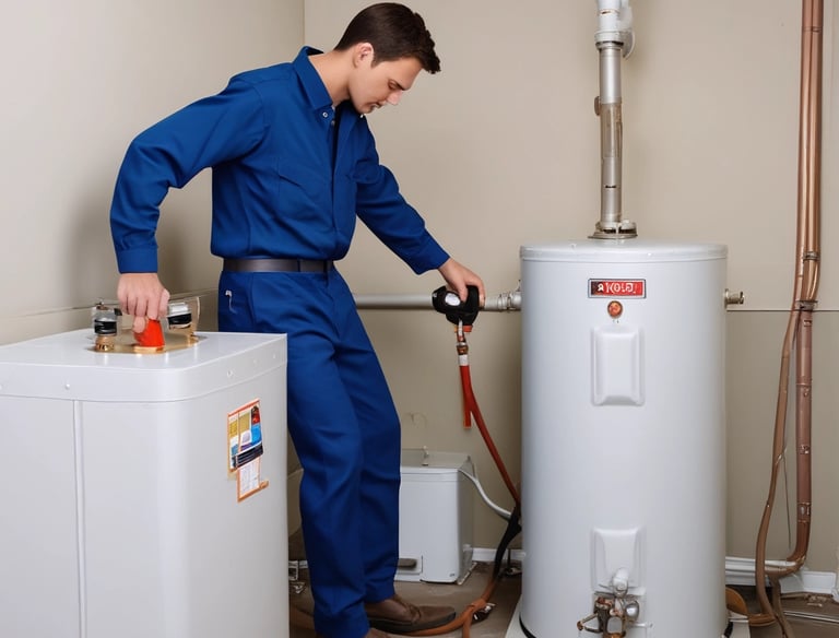 New water heater being installed in a residential basement.