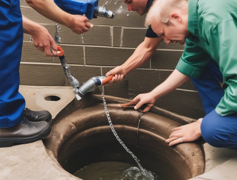Technician clearing a clogged drain with professional tools.