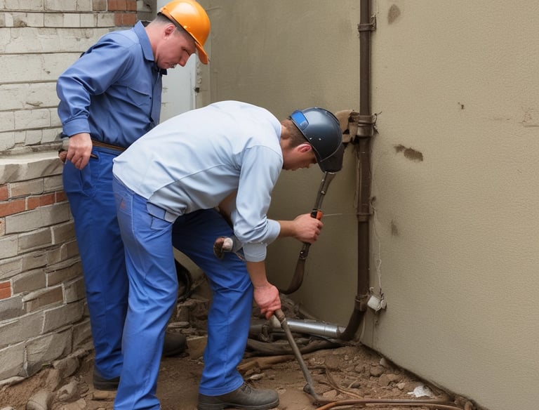 Close-up of a plumber fixing a leaking pipe under a kitchen sink.