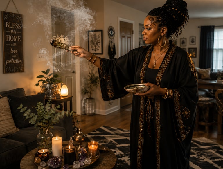 A woman in a black robe performs a smoke cleansing ritual with a sage smudge stick and healing crystals.
