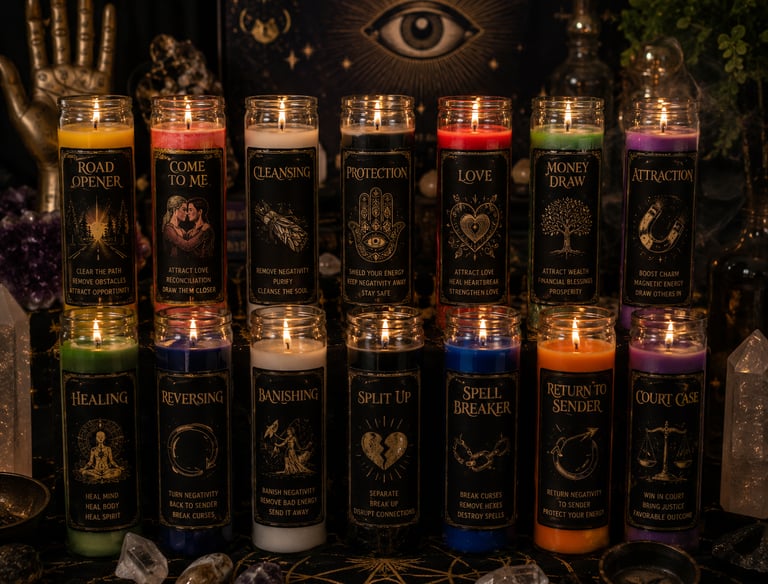A collection of lit colorful 7-day glass prayer candles with spiritual labels for spells and manifestation.