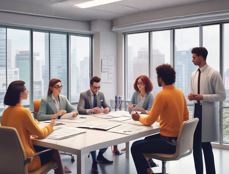 A consultant advising a pharma team on GMP compliance in a bright meeting room.