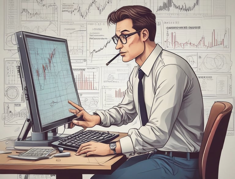 A focused trader studying charts on multiple screens in a cozy home office.