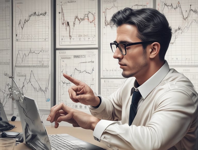 Colorful graphs and strategy notes spread out on a desk with a cup of coffee.