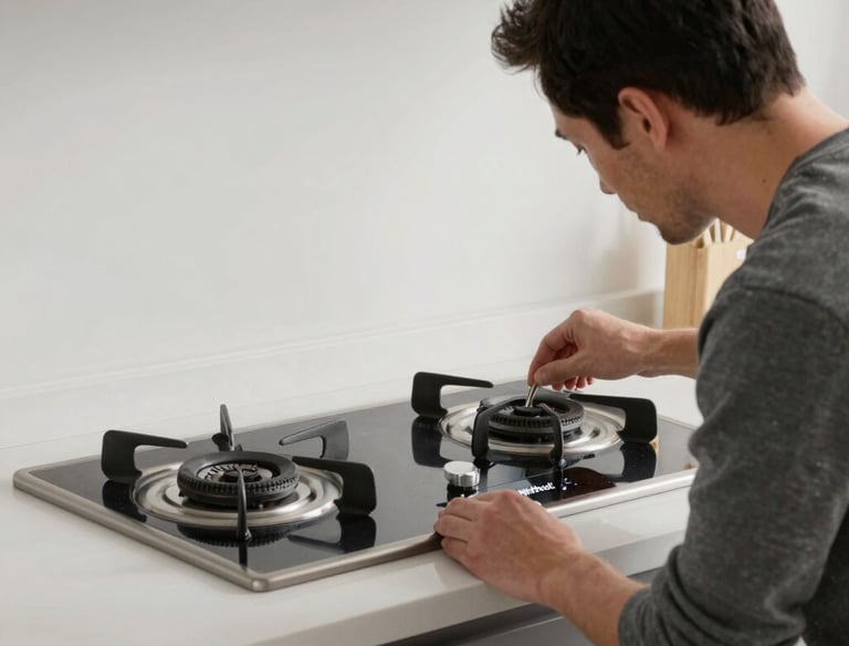 Technician fixing a modern stove in a bright kitchen.