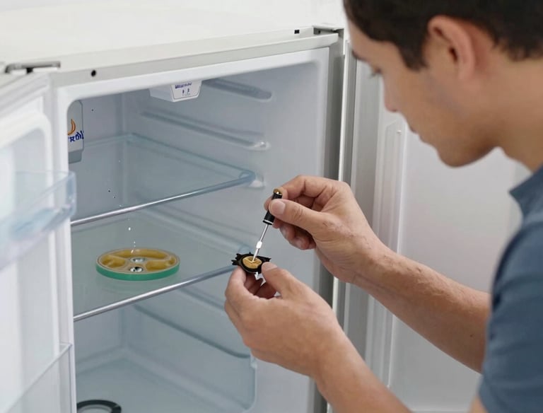 Close-up of a technician inspecting a refrigerator's cooling system.