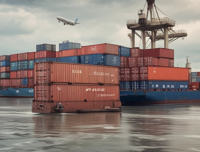 A cargo ship loaded with containers at a busy port.