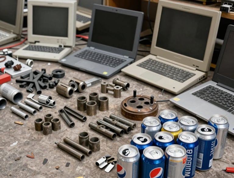 Materiais recicláveis: Latinhas de alumínio, objetos metálicos, computadores.