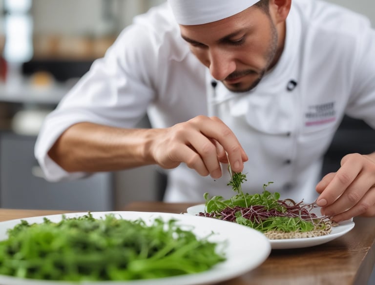 Close-up of a chef garnishing a gourmet dish with fresh microgreens in a professional kitchen.