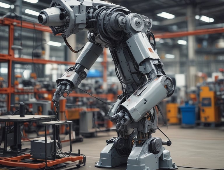 A sleek industrial robot arm assembling components in a modern factory.