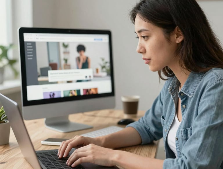 A sleek laptop displaying a modern, clean website interface with Monterey coastline in the background.