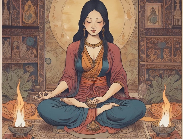 A warm, softly lit tarot deck spread on a wooden table with crystals and candles.