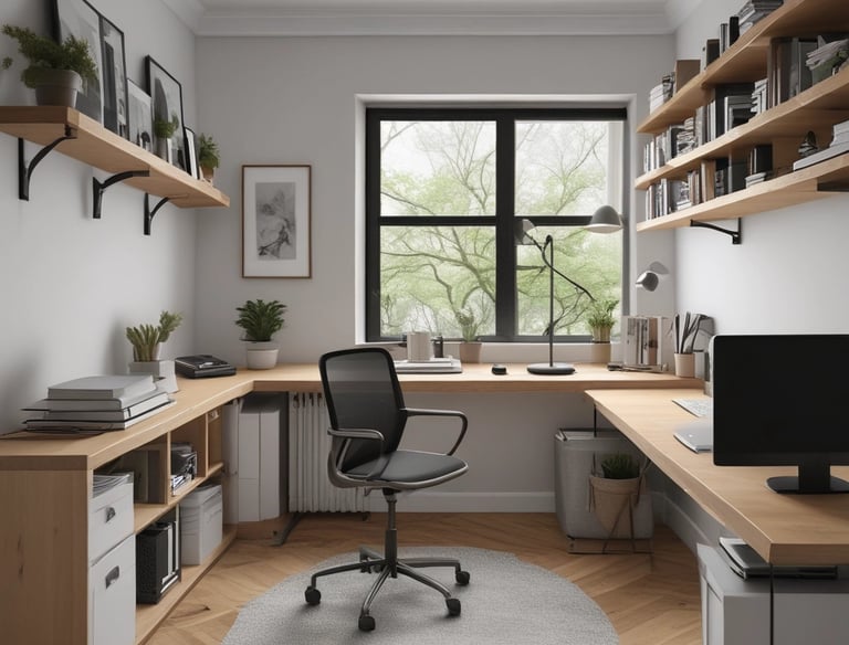 A handyman installing shelves on a bright living room wall.