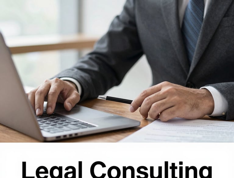 Business lawyer advising a client in a modern office setting.