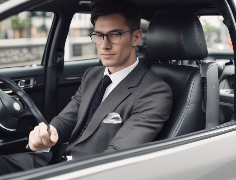 A confident driver standing beside a black luxury vehicle with the Chicago skyline in the background.