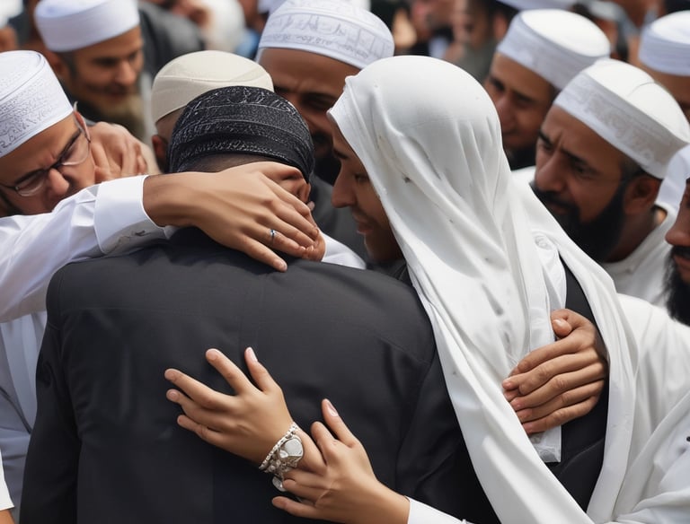 Volunteers warmly greeting a grieving family in a cozy community room.