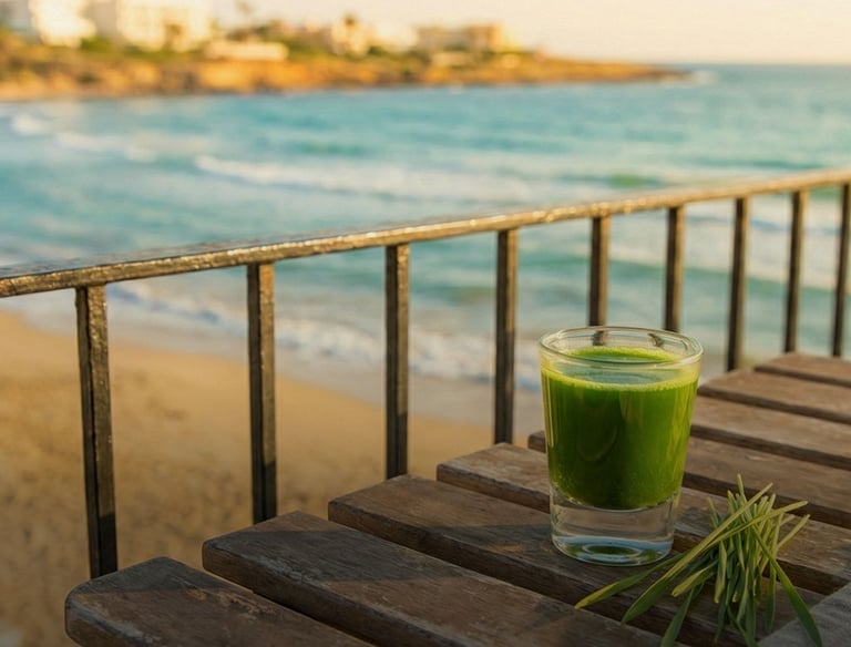 Fresh wheatgrass juice shot on a wooden table overlooking a scenic tropical beach and ocean.