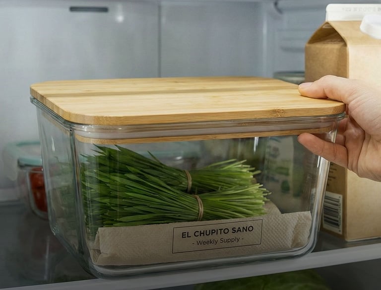 Hand reaching for a glass food storage container with a bamboo lid containing fresh wheatgrass in a refrigerator.